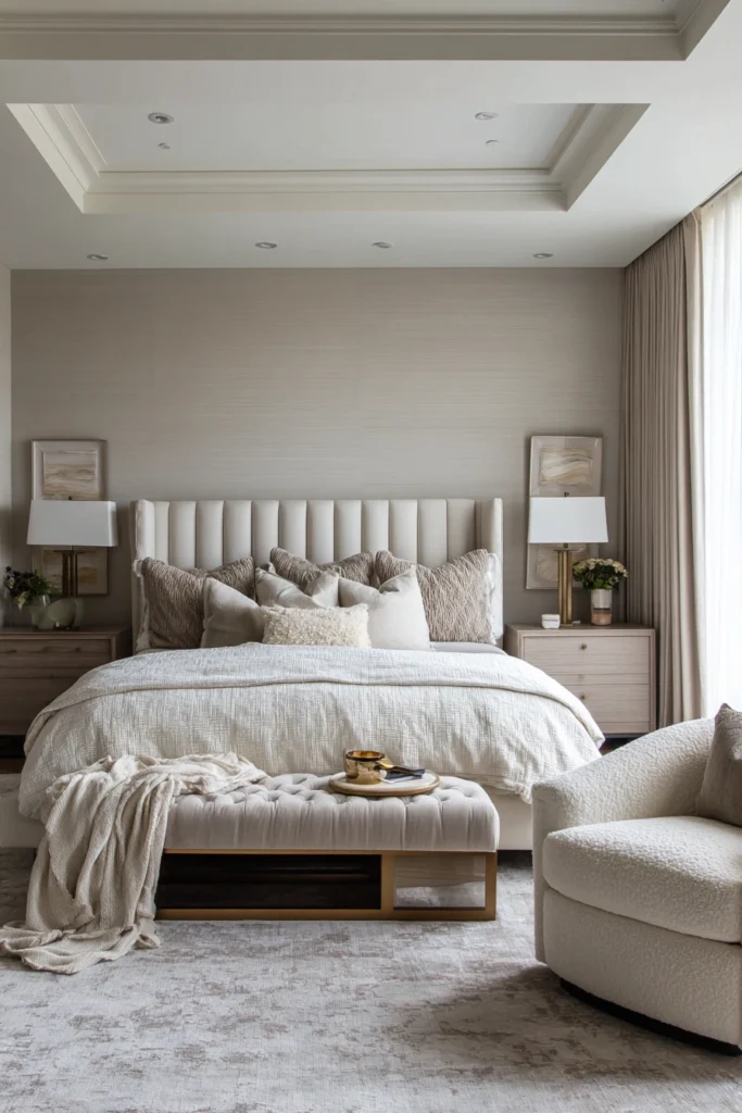 Master bedroom decor idea with taupe tones and vertical headboard