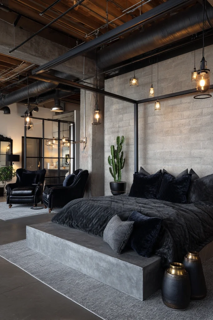Master bedroom decor idea featuring urban loft style with exposed concrete, steel accents, and soft velvet touches for balance.