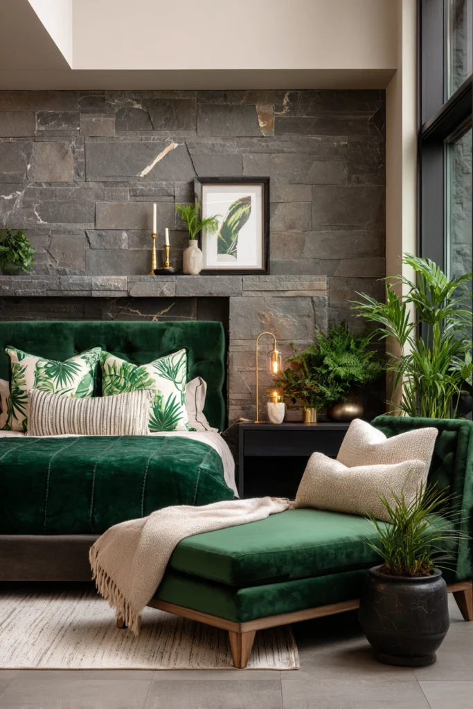 Master bedroom decor idea with emerald green velvet and lush greenery