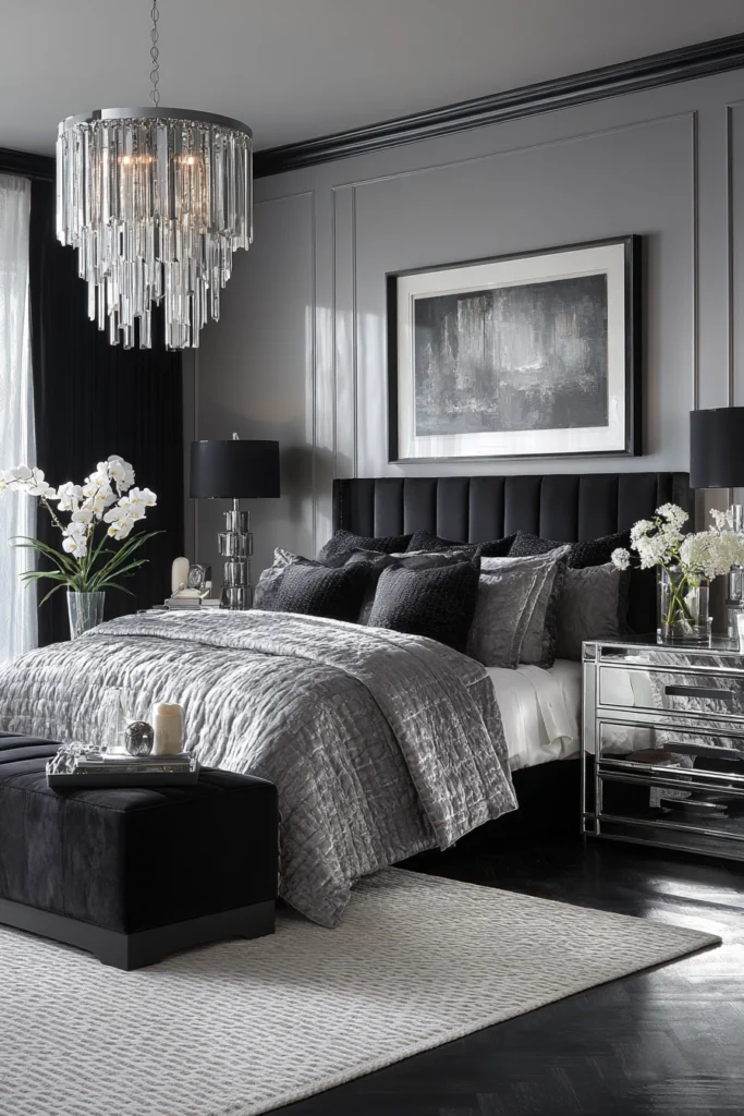Master bedroom decor idea in graphite with mirrored accents