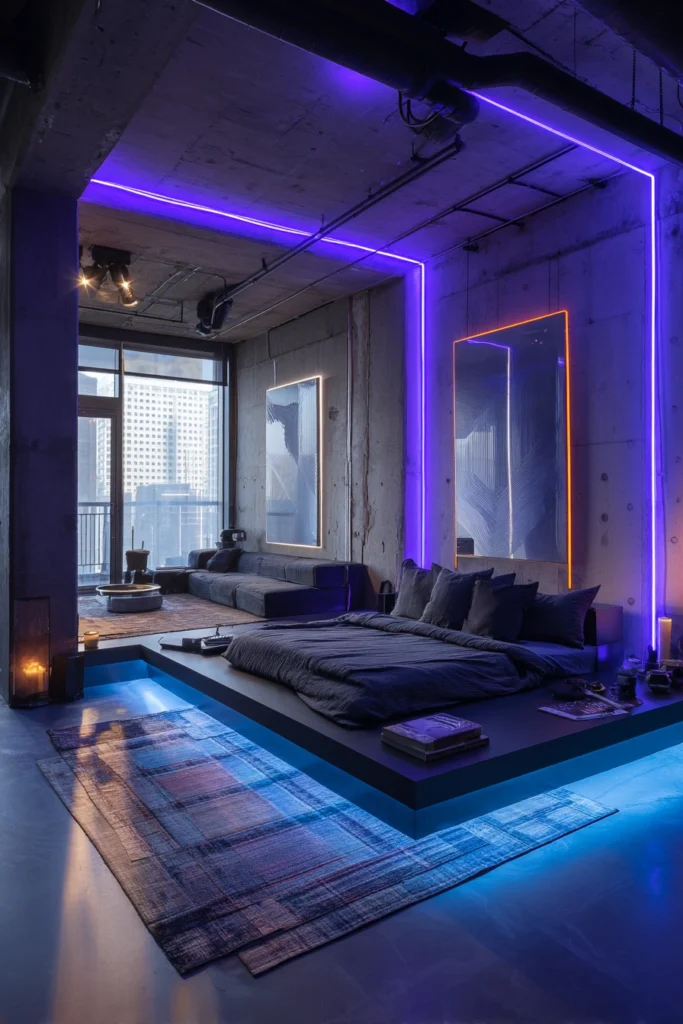 Futuristic bedroom with neon LED lights and concrete walls—an aesthetic master bedroom idea.