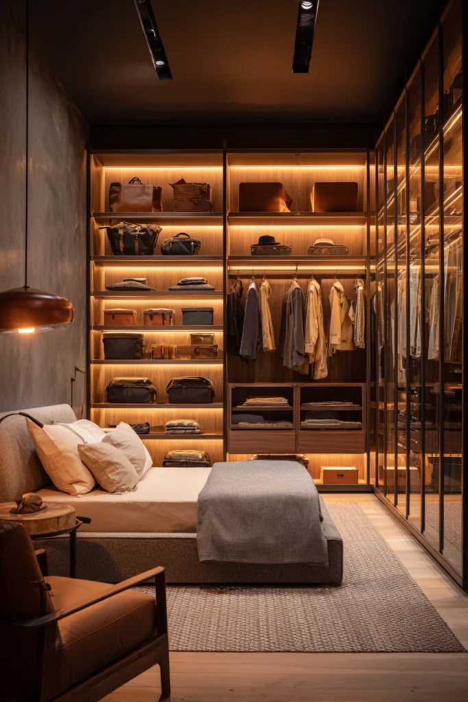 Open closet with warm lights—an aesthetic master bedroom idea.