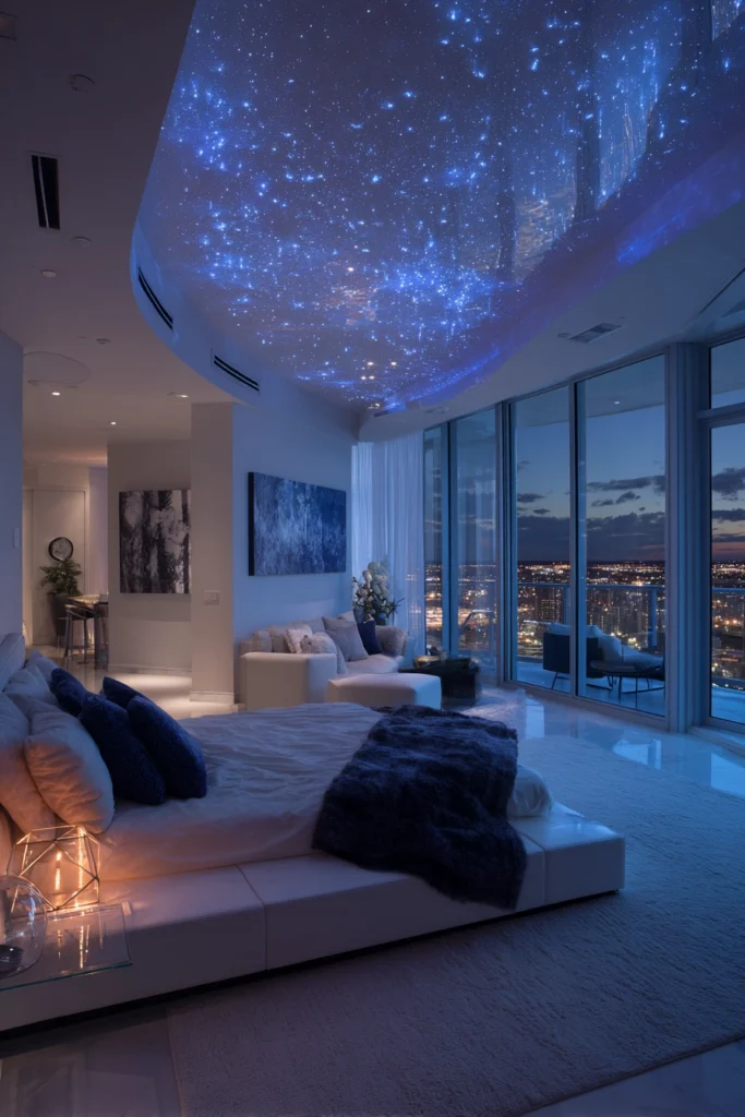 Starry ceiling with blue glow—an aesthetic master bedroom idea.