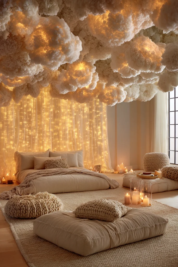 Glowing cloud ceiling with fairy lights—an aesthetic master bedroom idea.