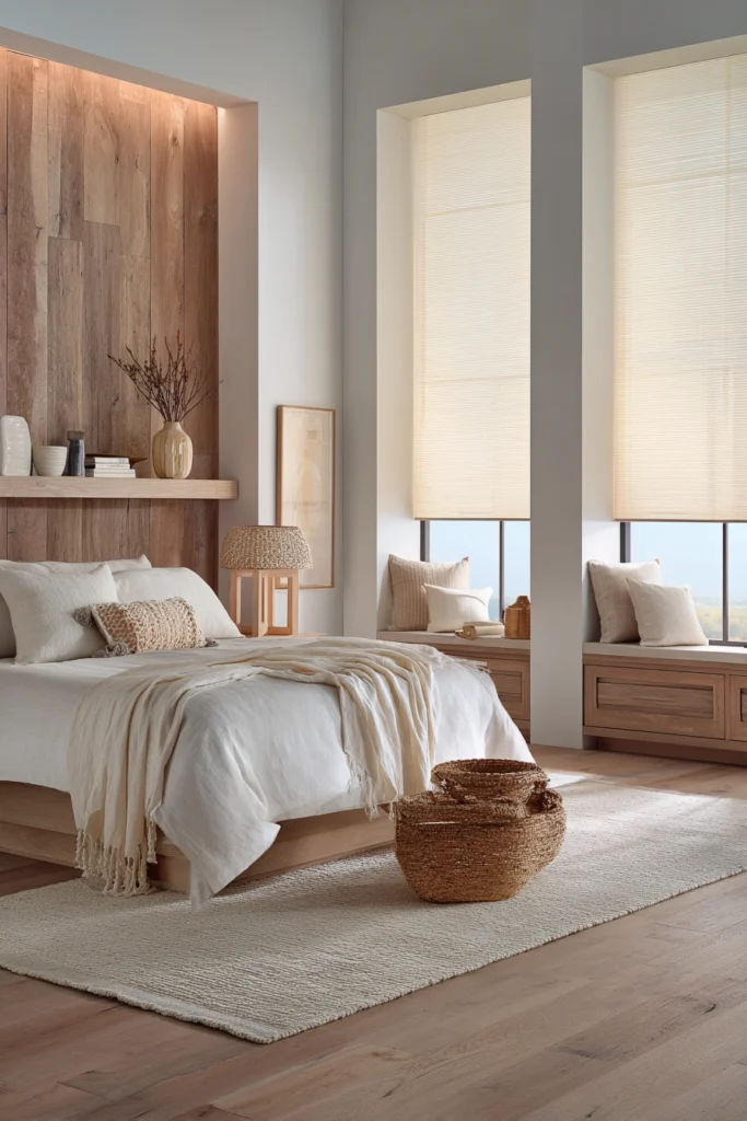 Scandinavian-style room with light wood and sheer fabric—an aesthetic master bedroom idea.