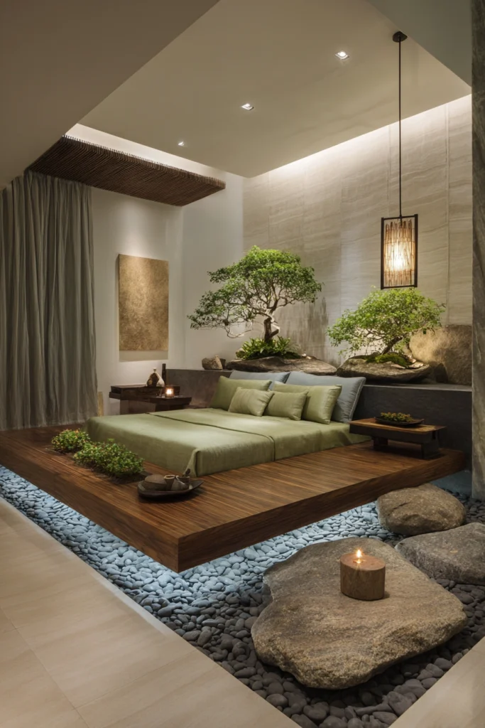 Zen-inspired bedroom with bonsai and stone elements—an aesthetic master bedroom idea.