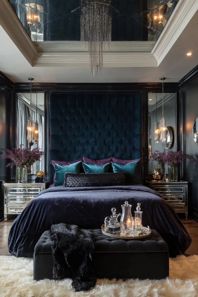 Luxurious bedroom with velvet and jewel tones—an aesthetic master bedroom idea.