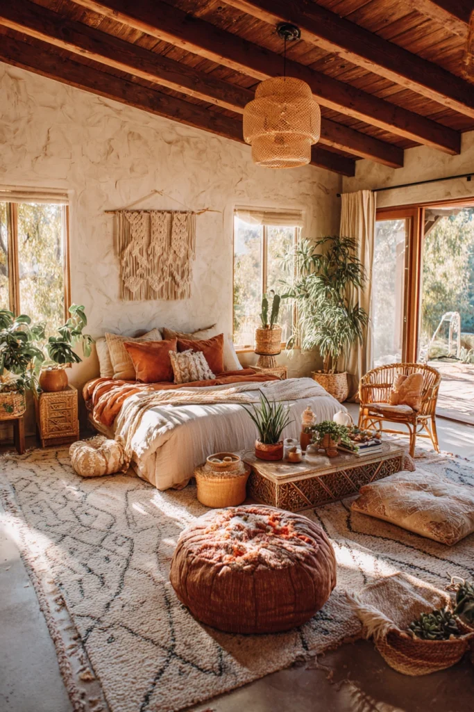 Boho chic bedroom with natural tones and textures—an aesthetic master bedroom idea.