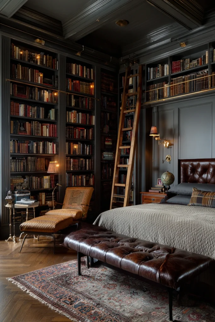 Library-style bedroom with bookshelves and ladder—an aesthetic master bedroom idea.