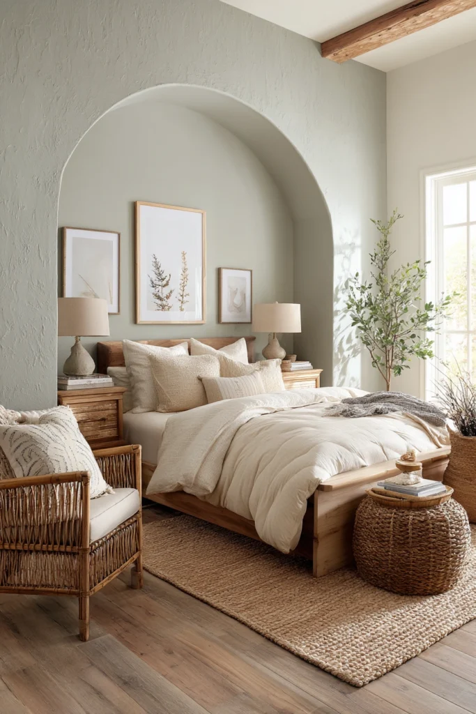 Cozy master bedroom color ideas with beige tones, rustic textures, and timber beams for a warm, earthy retreat.