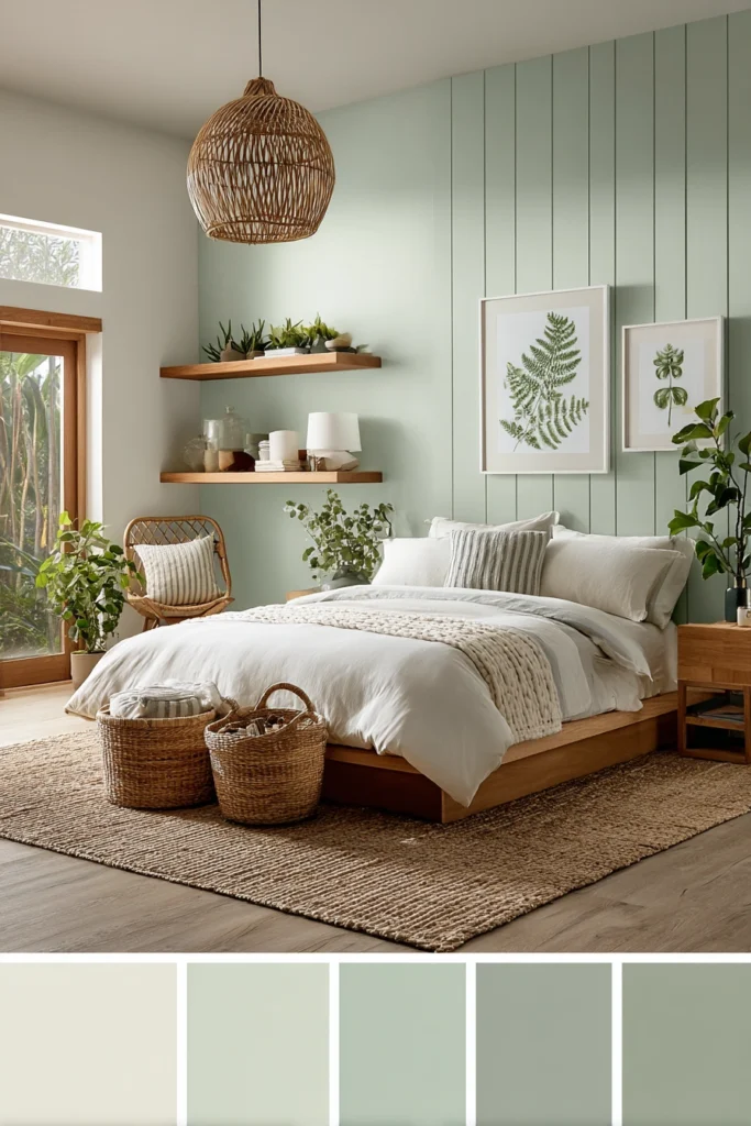 Cozy master bedroom color ideas with sage green walls, wood furniture, and greenery for a calm, biophilic-inspired retreat.