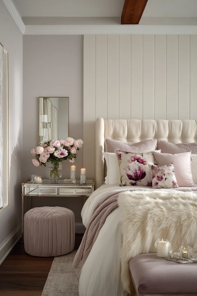 Cozy master bedroom color ideas with blush tones and velvet textures for a soft, romantic feel.