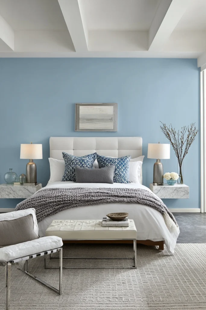 Cozy master bedroom color ideas with soft blue walls and white headboard for a calm, modern feel.