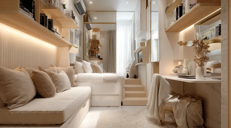 Space-smart master bedroom with loft bed and storage
