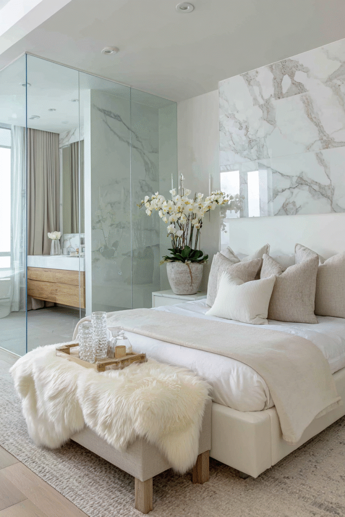 Scandinavian bedroom with marble and neutral tones—an aesthetic master bedroom idea.